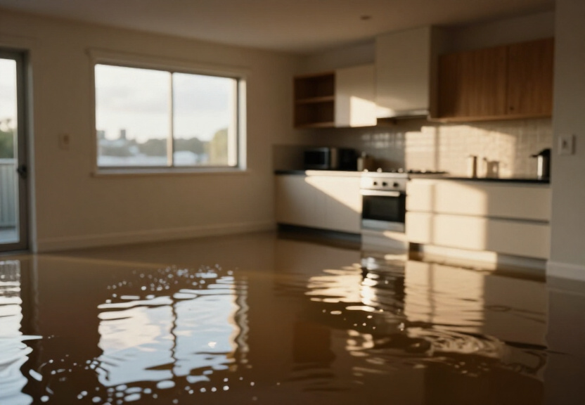 Flooded living room in Wetherill Park home before restoration